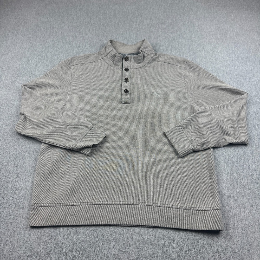 Tommy Bahama Sweater Mens XL Gray Henley Snap Ribbed Pullover Mock Neck Knit